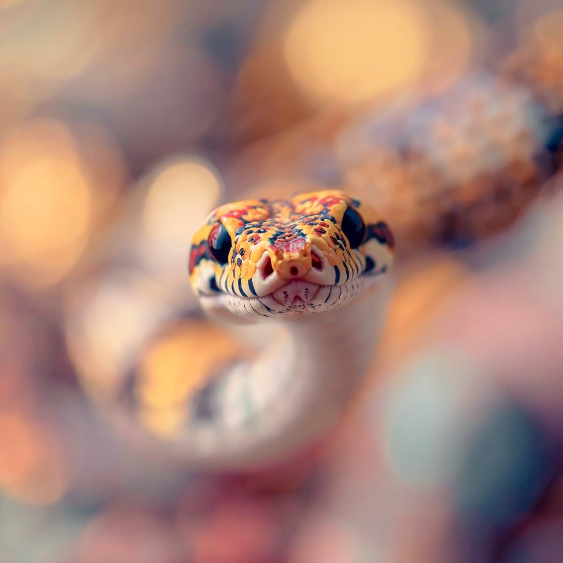 Close-up of a snake's head with distinctive markings and soft focus background.
