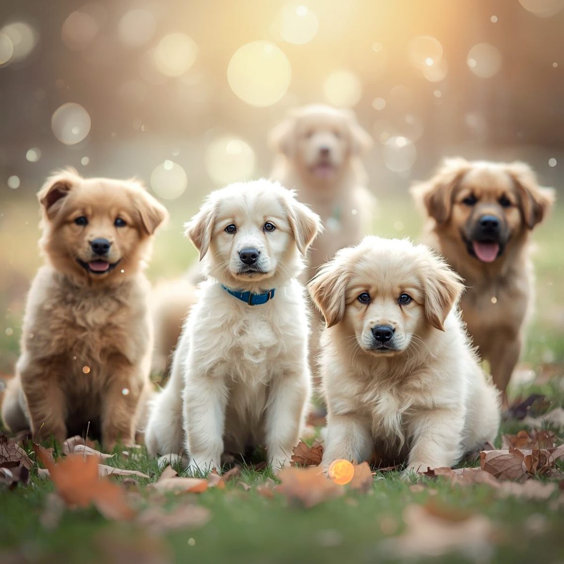 Five golden retriever puppies sitting together on a grassy area with a soft bokeh background.
