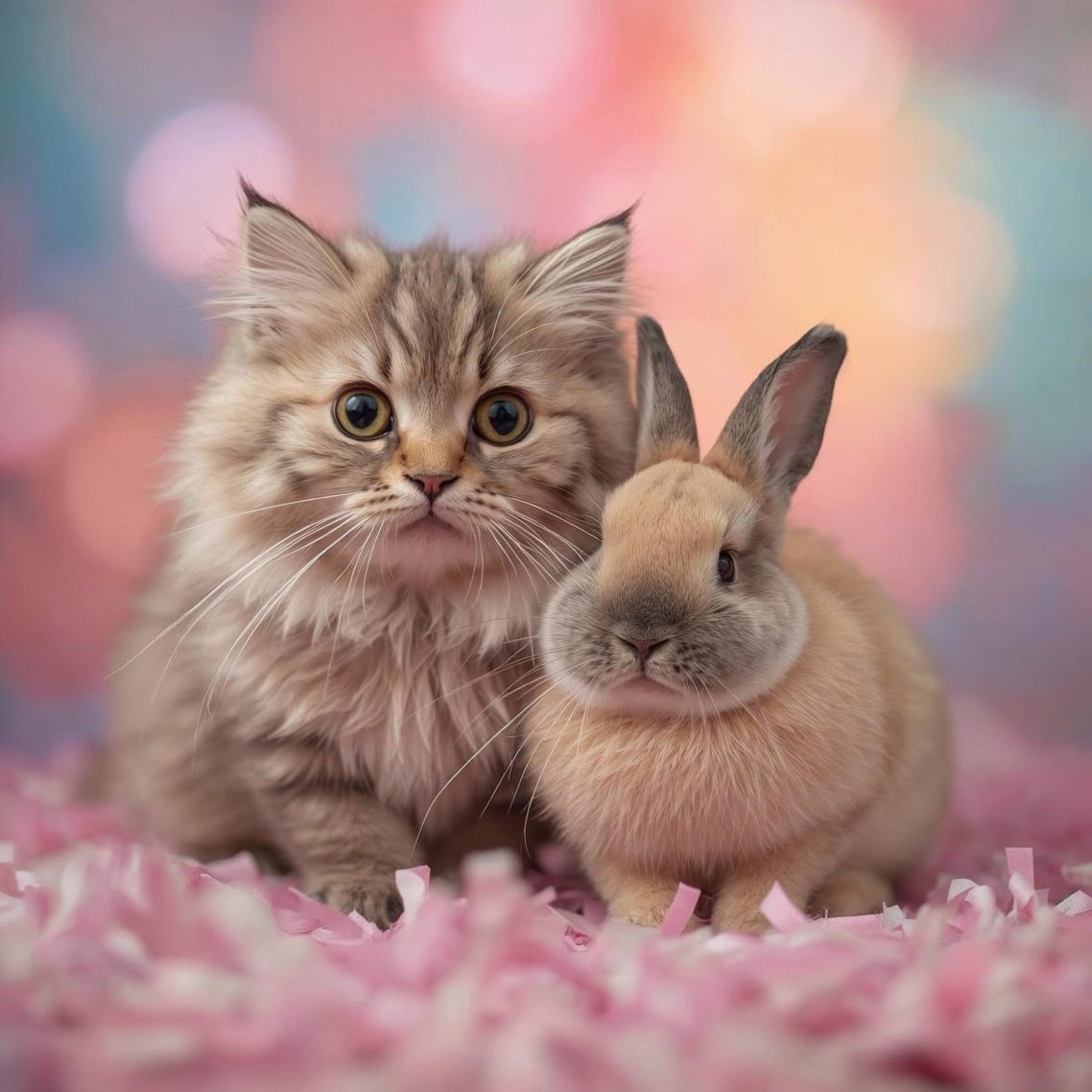 A fluffy kitten and a bunny sitting closely together on soft pink bedding.